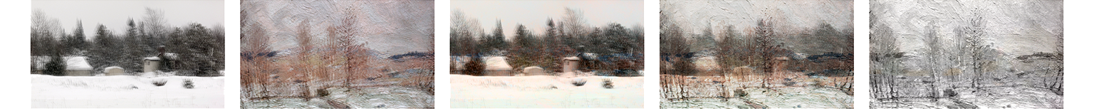 A five-panel artwork consisting of blurry, snowy Canadian scenes layered on top of each other.