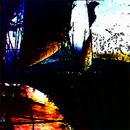 Still from The Long (Distributed) Way, consisting of a heavily pixellated and solarized sailboat.